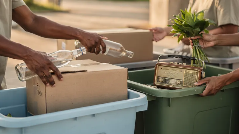 Hände verschiedener Hautfarben legen eine Glasflasche, Karton, ein altes Radio und Grünzeug in Sammelbehälter.
